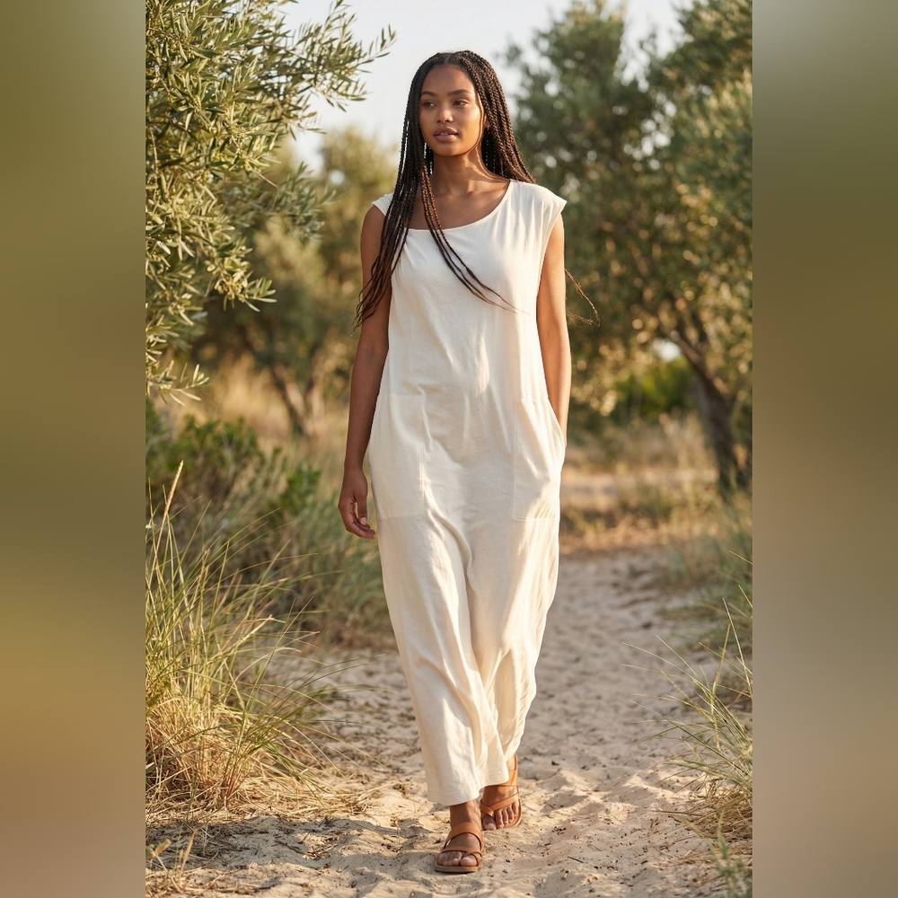 🩵🩵🩵Nwot FP BEACH Sleeveless Cream Maxi Dress with Pockets.     B33